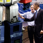 Barack Obama apparently looking at a giant Optimus Prime???