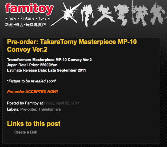 Famitoy pre-order for MP-10 Convoy Version 2