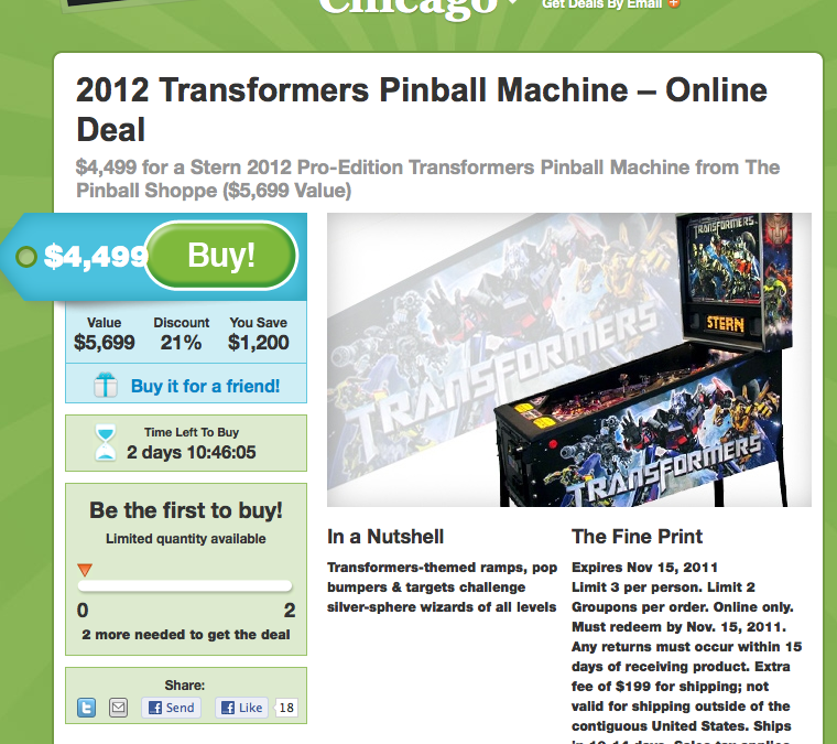 Transformers Pinball from stern available on Groupon!? – price SLASHED to $4,499