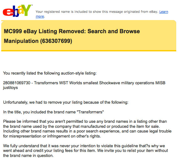 Transformers Ebay listing removal by hasbro because of 3rd Party