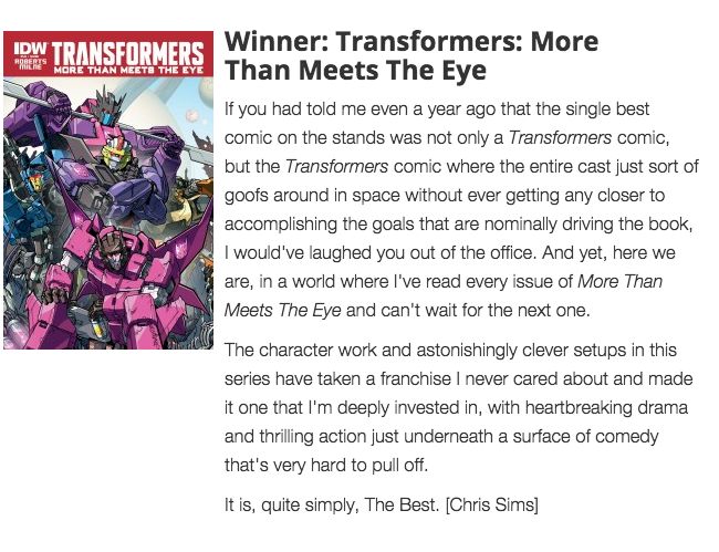 Transformers: More Than Meets the Eye wins Comics Alliance Continued Excellence best of 2015!